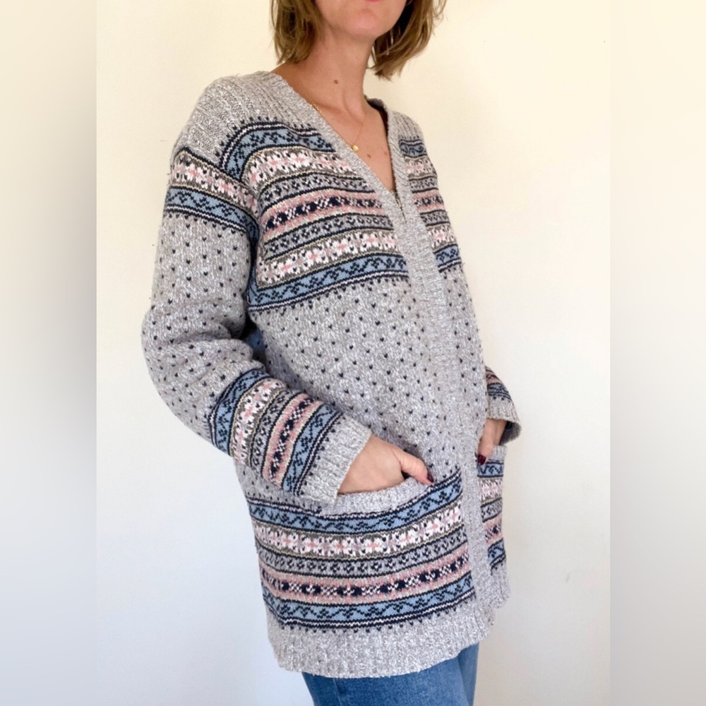 Vintage LizWear Cardigan Sweater Womens Small Zip Up Heavy Knit Fair Isle Grey - Picture 5 of 14